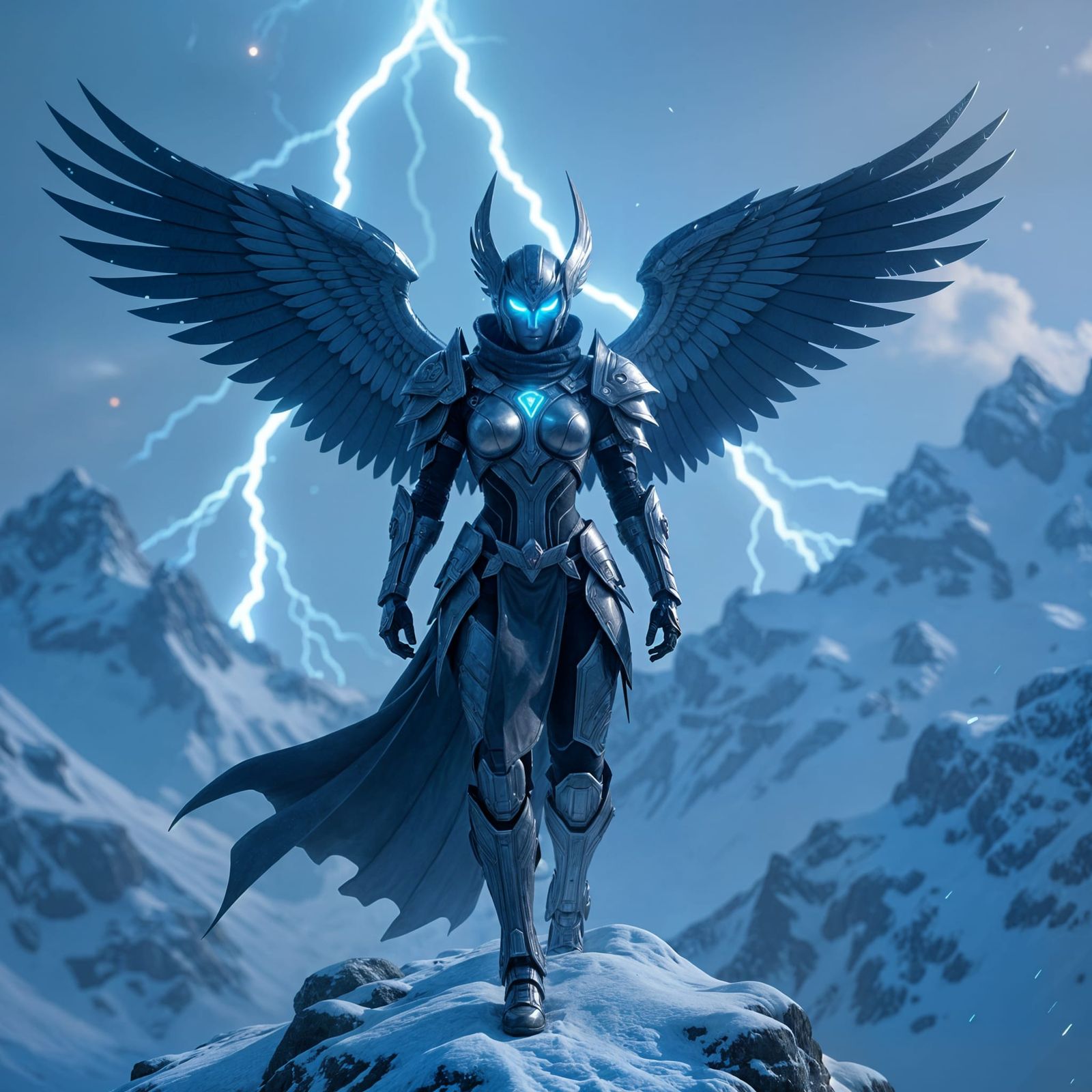 Cybernetic Valkyrie on Snowy Mountain in Cyberpunk Style