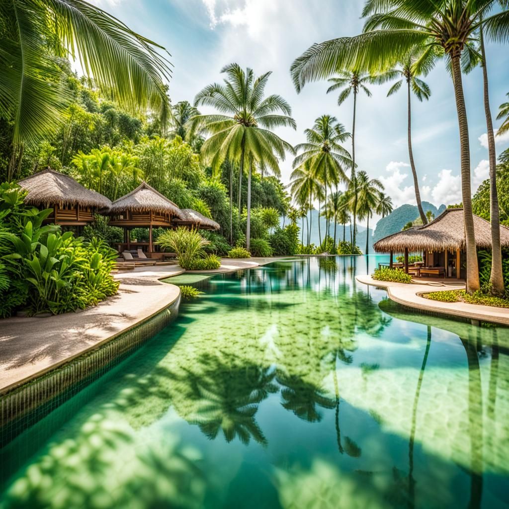 Lush Jungle Resort Swimming Pool in Hyperrealistic Style