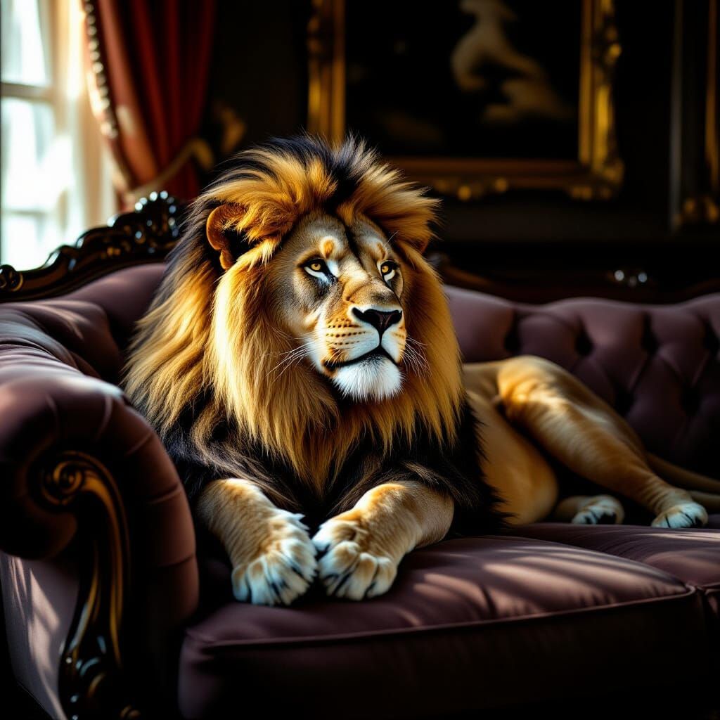 Majestic Lion Lounging on Velvet Couch