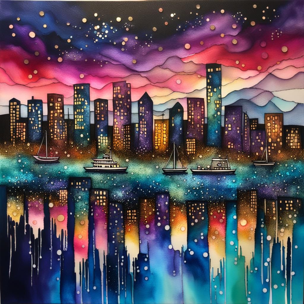 Sparkling Waterfront City at Twilight: Alcohol Ink Art