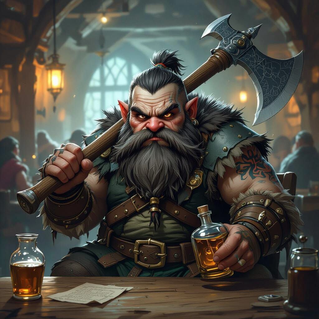 Fantasy Dwarf in Tavern with Oversized Axe