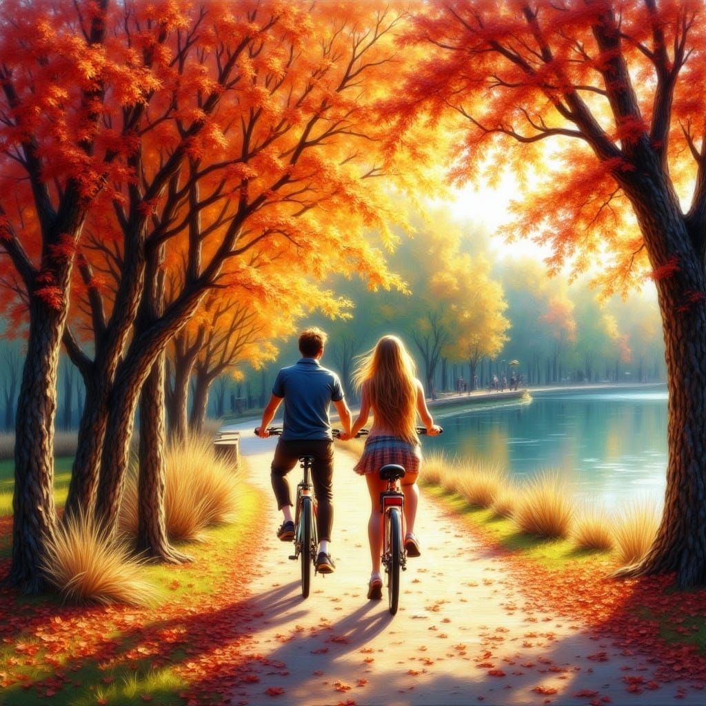 Couple Cycling in Autumn by Lake