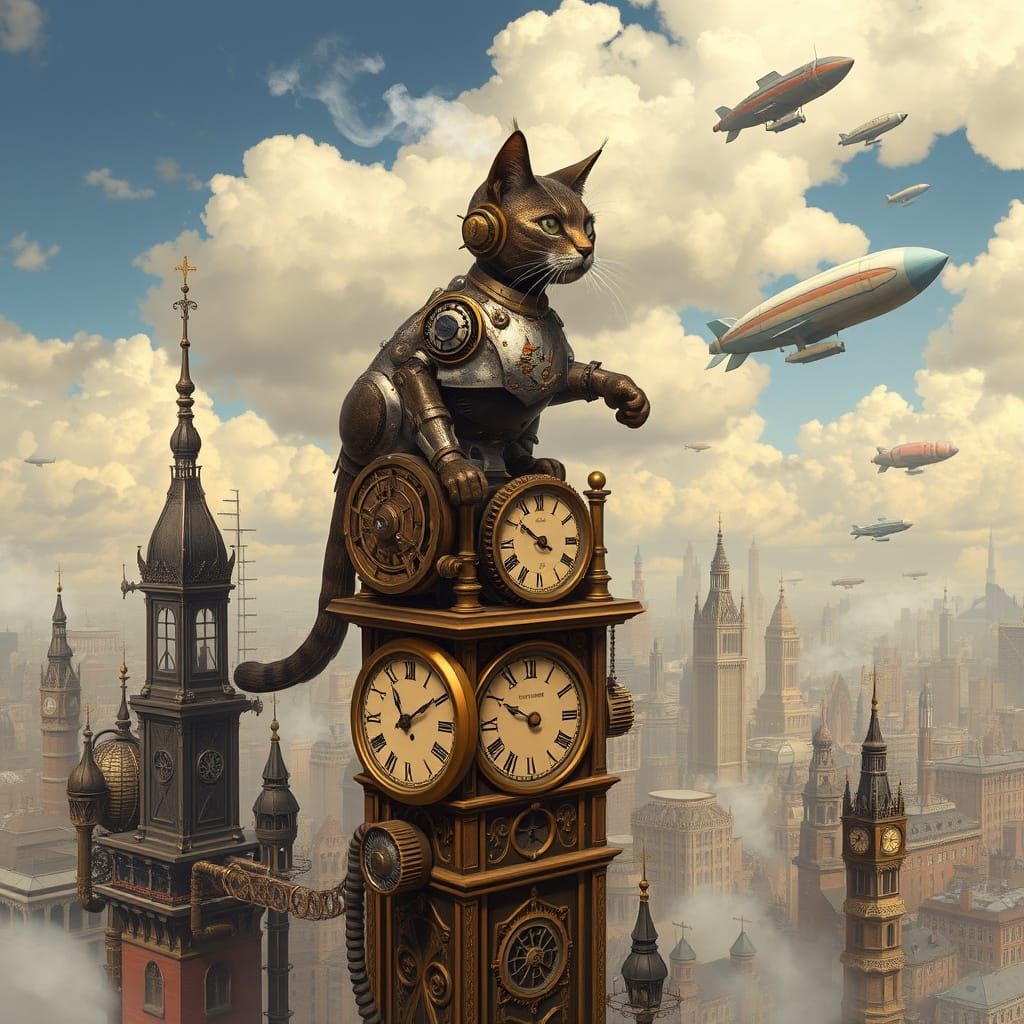 A steampunk-inspired robotic cat perched atop a towering clockwork tower, its gears whirring and steam hissing from its ...