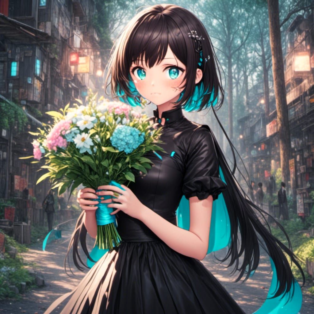 Cyberpunk Woman in Black Wedding Gown