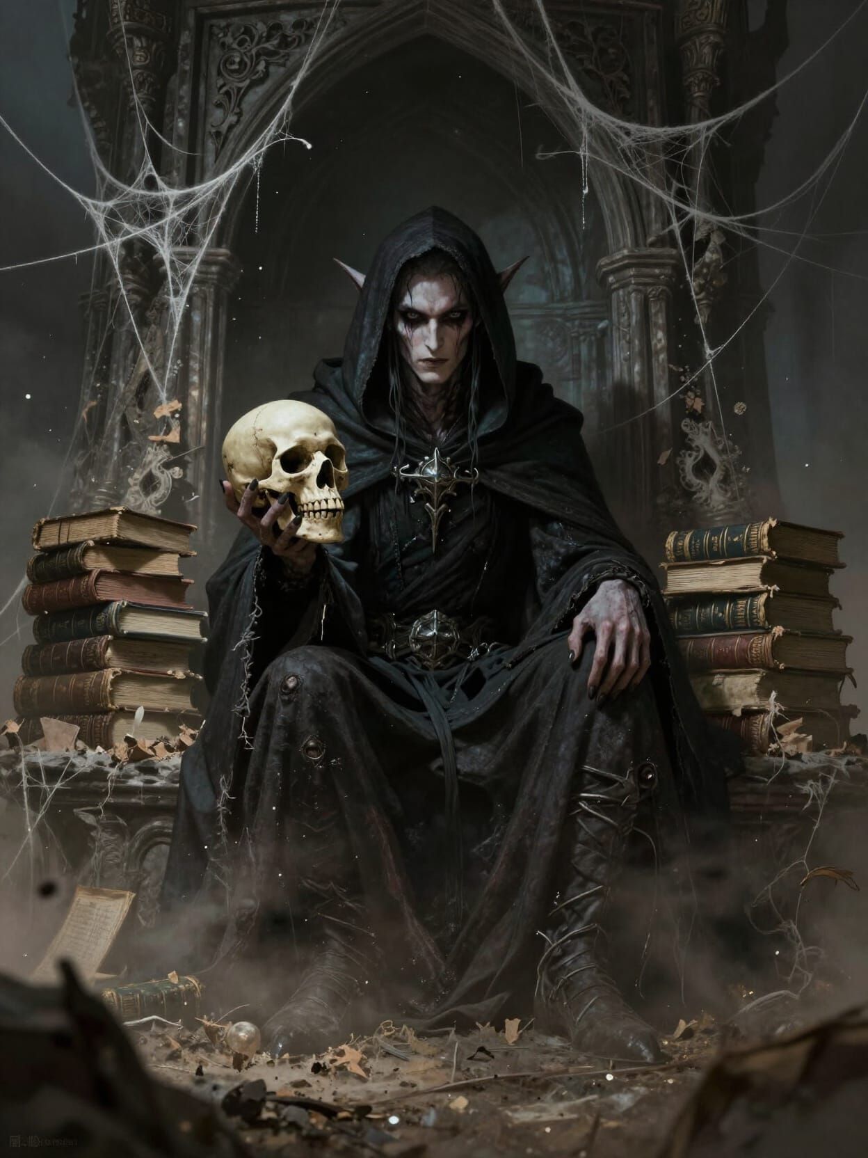 Dark Elf Mage in Shadowy Tower with Skull