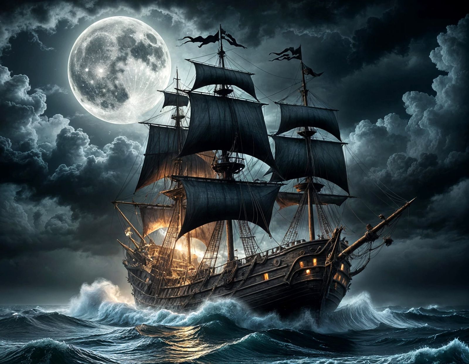 Eerie Pirate Ship in Stormy Moonlight