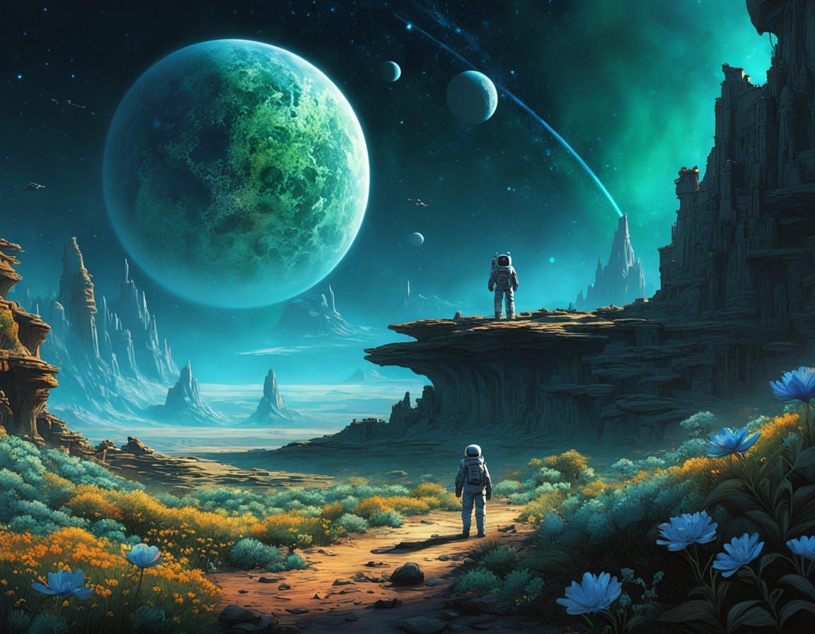 Astronaut's Alien Garden: Bioluminescent Flora Concept Art