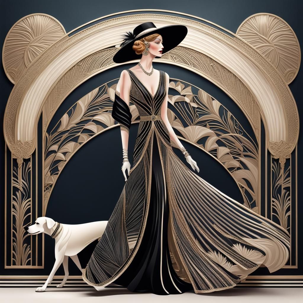 In the style of Erte, a picture of an art deco woman in fashionable gown and hat walking a dog