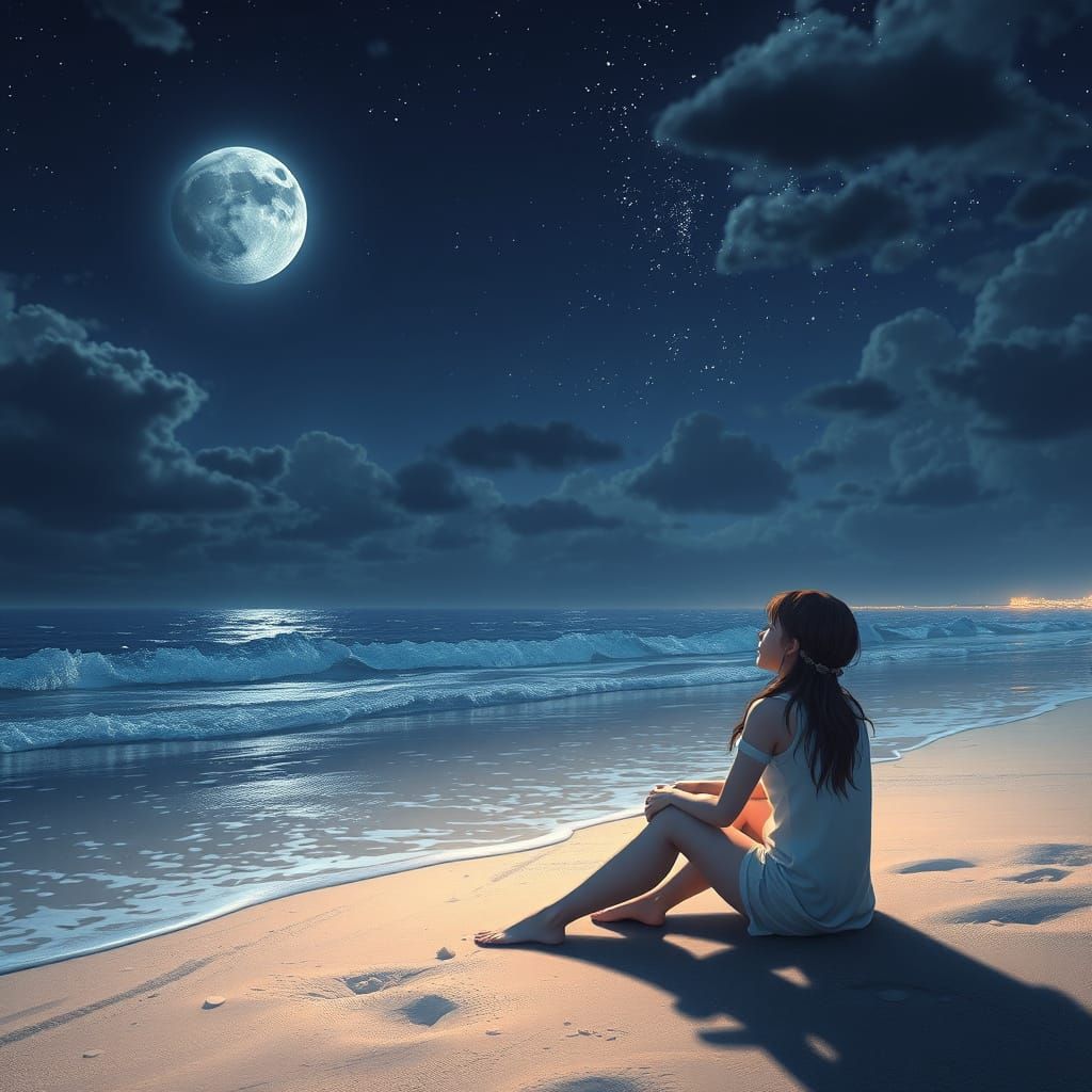 Anime Beach Scene at Night in 3D