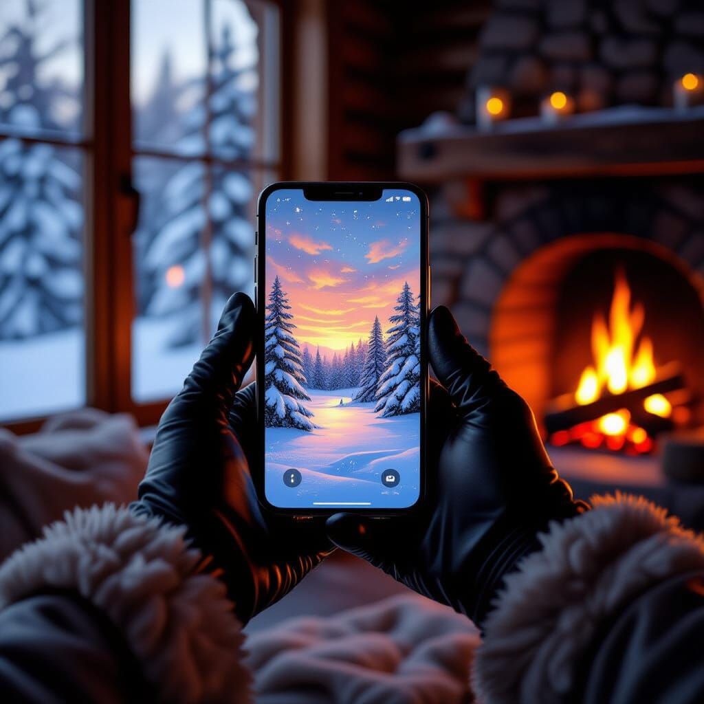 iPhone Shows Painterly Winter Scene in Cozy Cabin