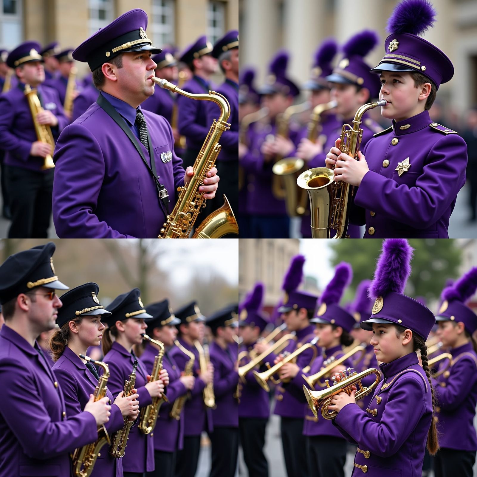 Marching Band in Purple Uniforms Plays Instruments