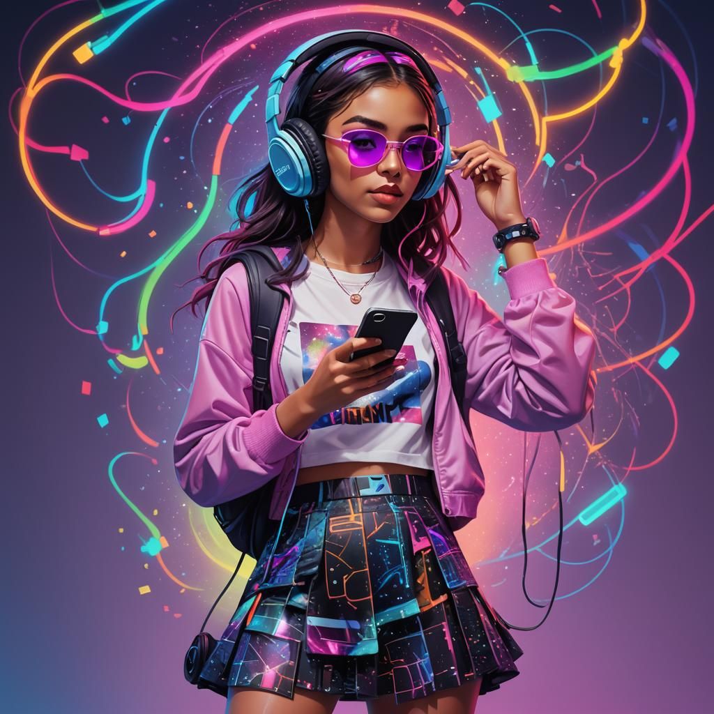 Teenage Girl Portrait with Neon Accents, Digital Art