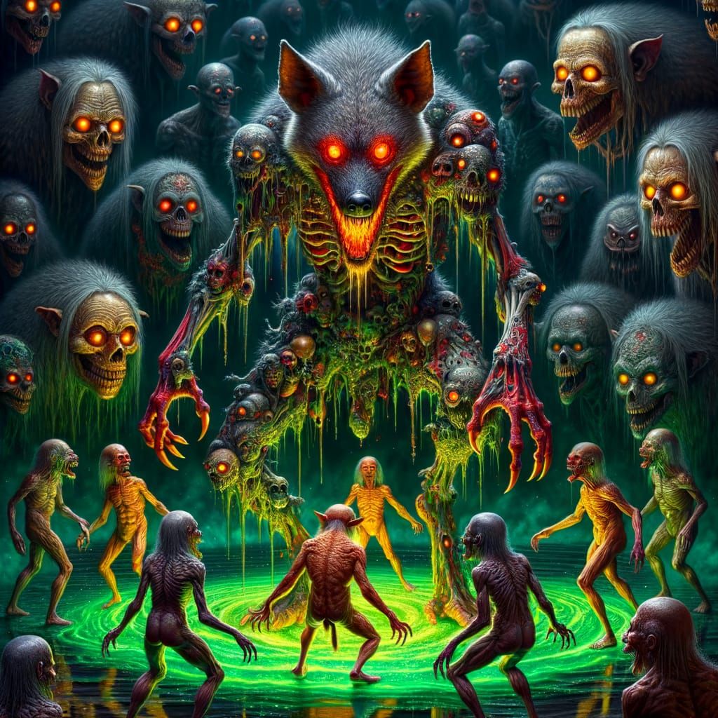 Surreal Hyena Sorcerer and Wolf Warlord in Otherworldly Unde...