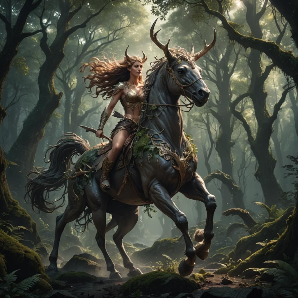 Female Centaur in Deep Forest: Dark Fantasy Art