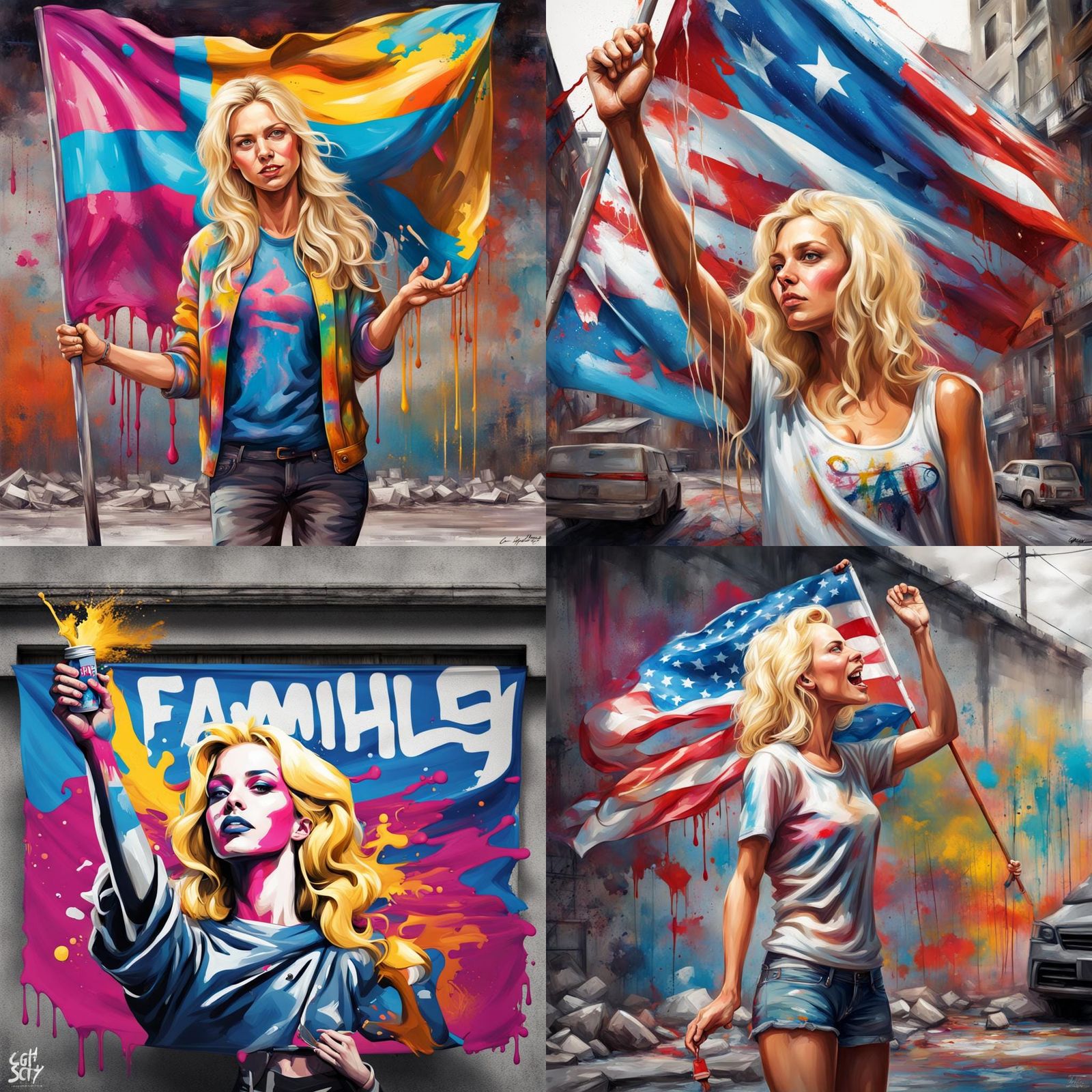 Woman Waving Flag in Graffiti Art Style