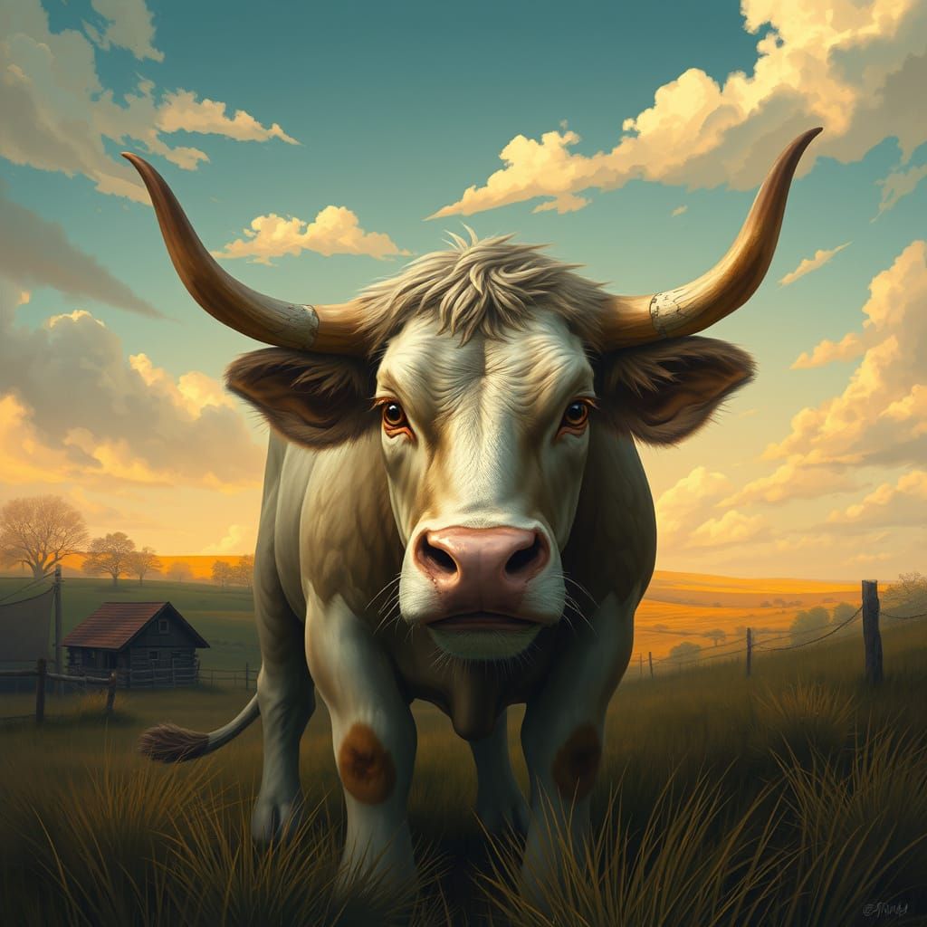 Lion-Cow Hybrid in Fantastical Countryside Setting