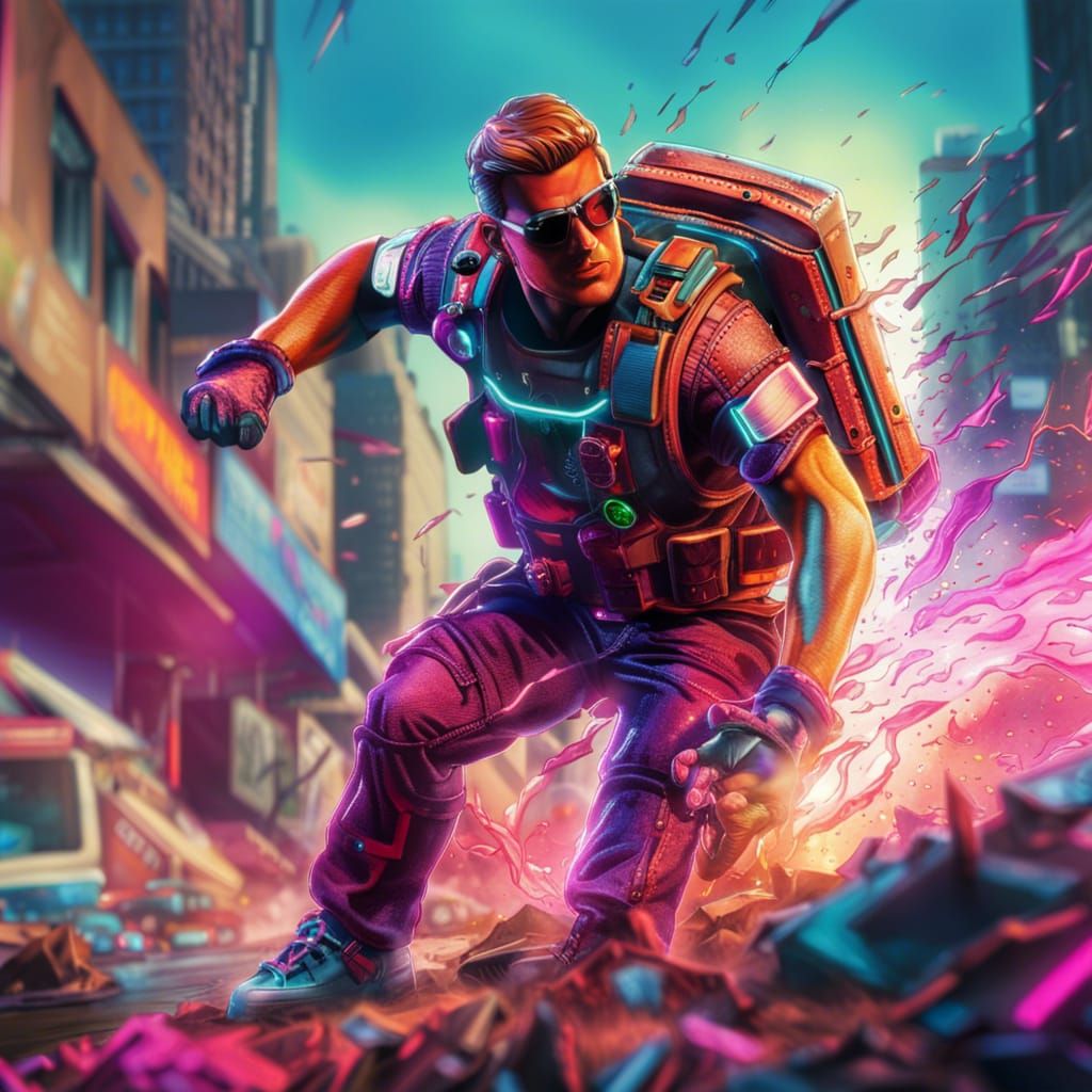 Action Hero Saves World in Synthwave Neon
