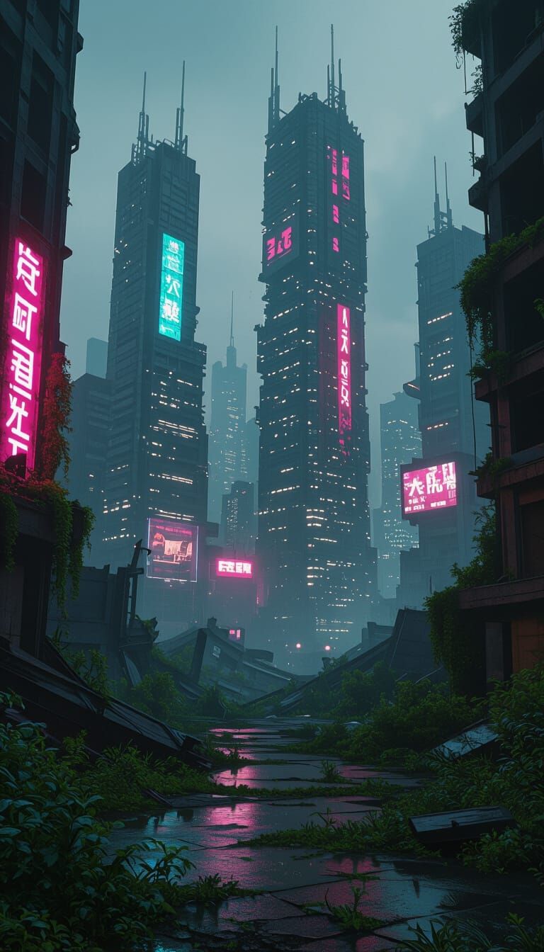 Futuristic Ruined City with Neon Lights