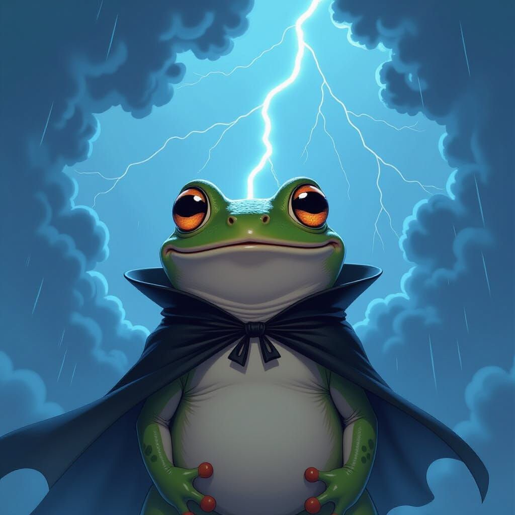 Surprised Frog Villain Amidst Thunder Clouds in Sci-Fi Style