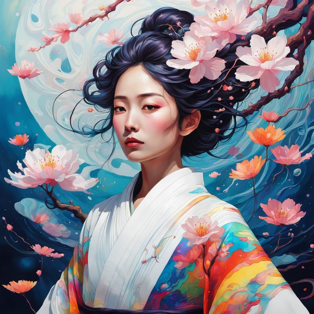 Dreamlike Rainbow Encounter in Vibrant Japanese Water Scene