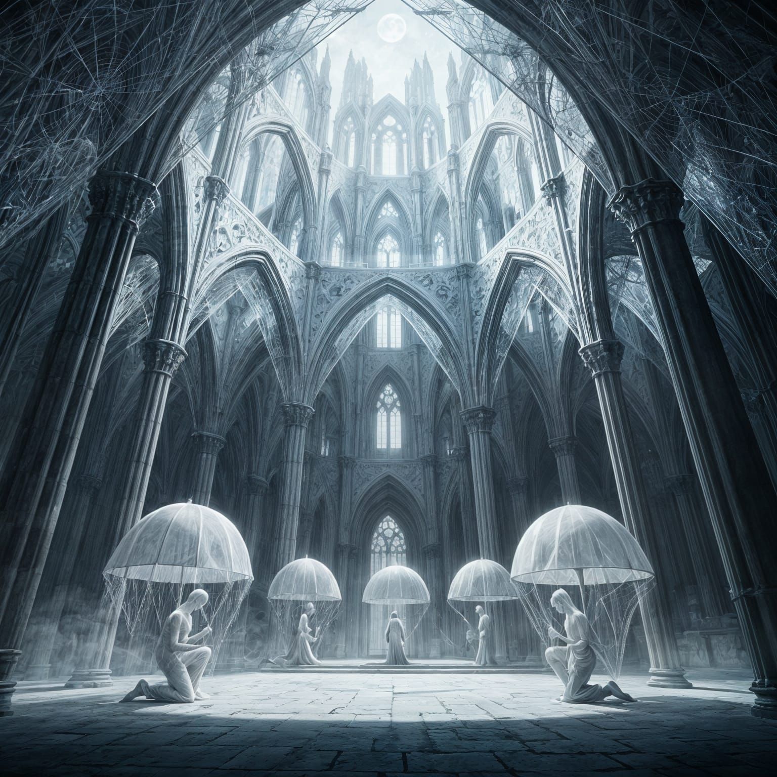 Gothic Cathedral of Spiderwebs Under Moonlight