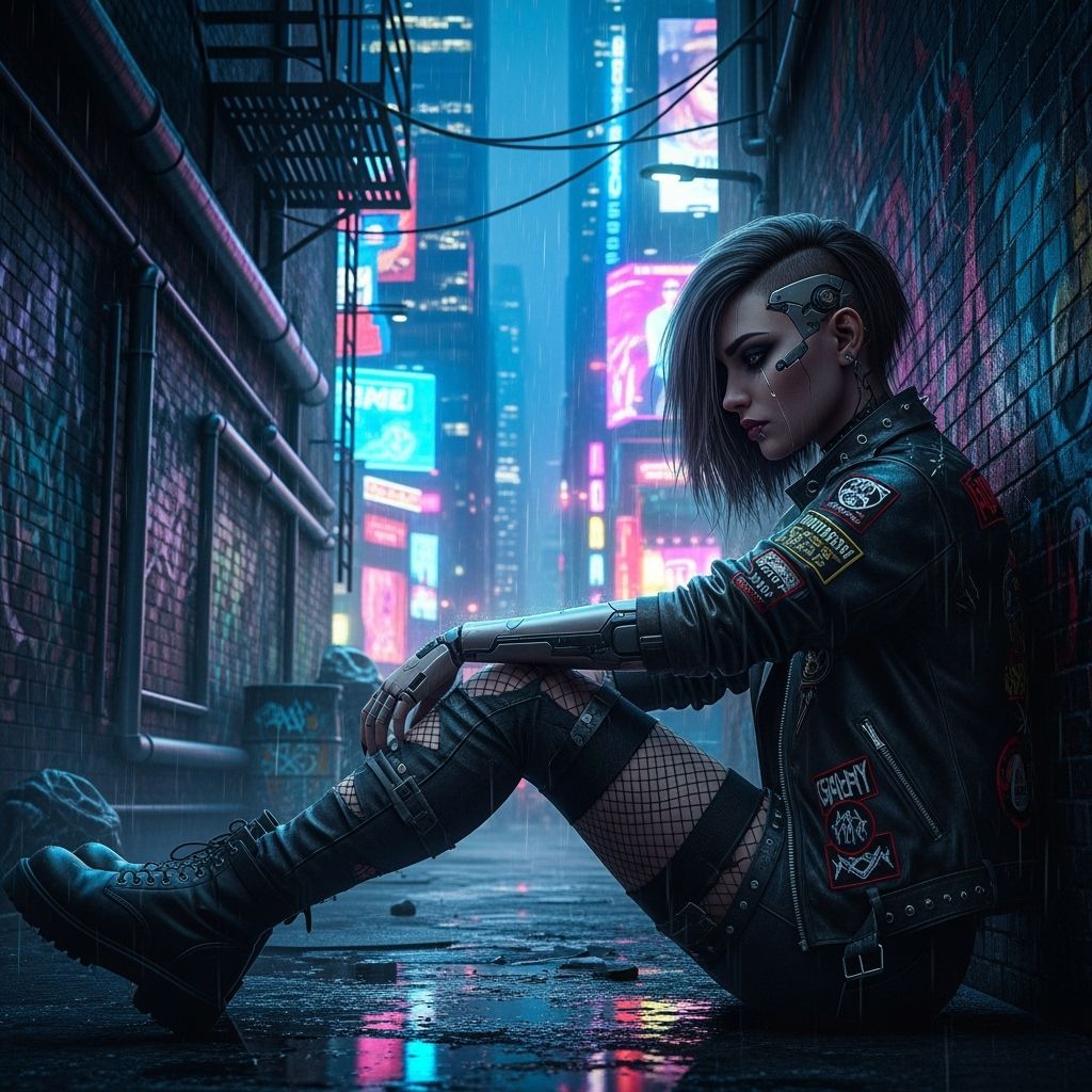 Melancholic Cyberpunk Woman in Neon Alleyway
