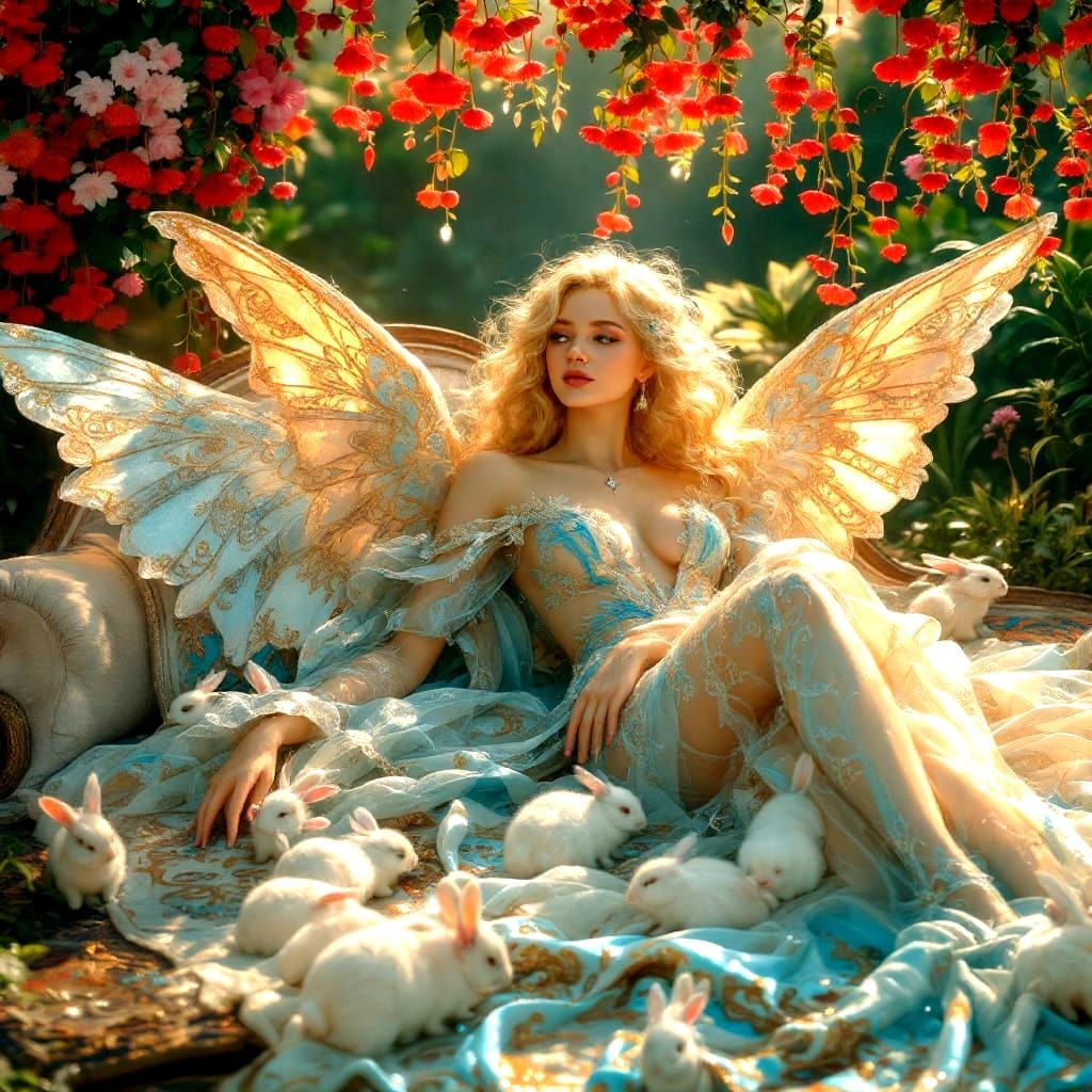 Ethereal Blond Angel Surrounded by Cherry Blossoms and Rabbi...