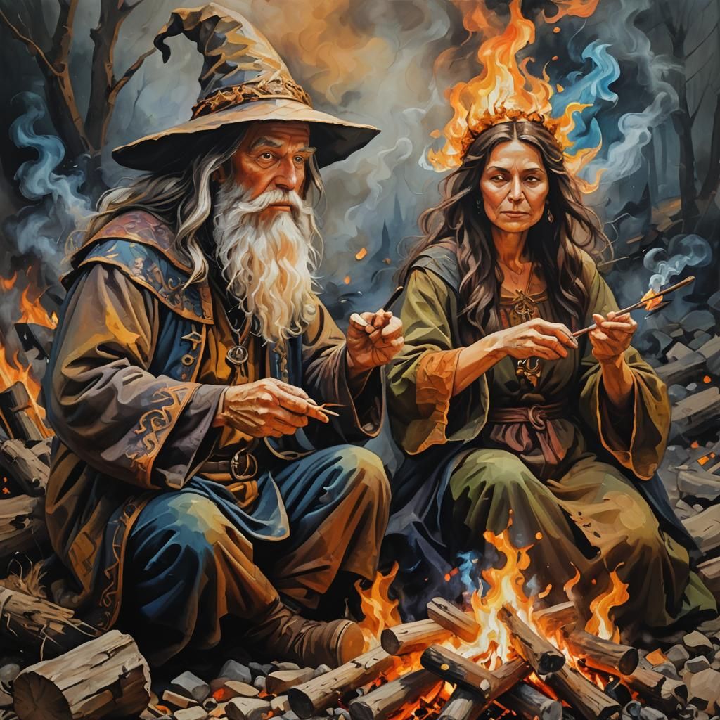 Campfire Scene: Wizard and Wind Witch, Oil Painting