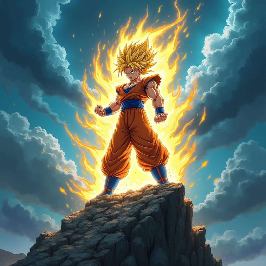 Super Saiyan Hero in Epic Storm Landscape