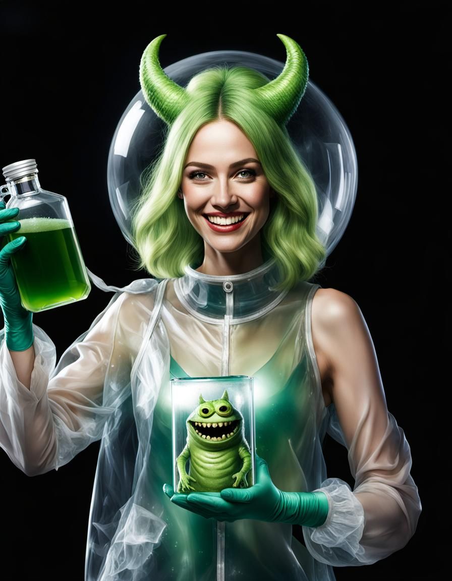 Smiling Woman with Green Monster in Flask
