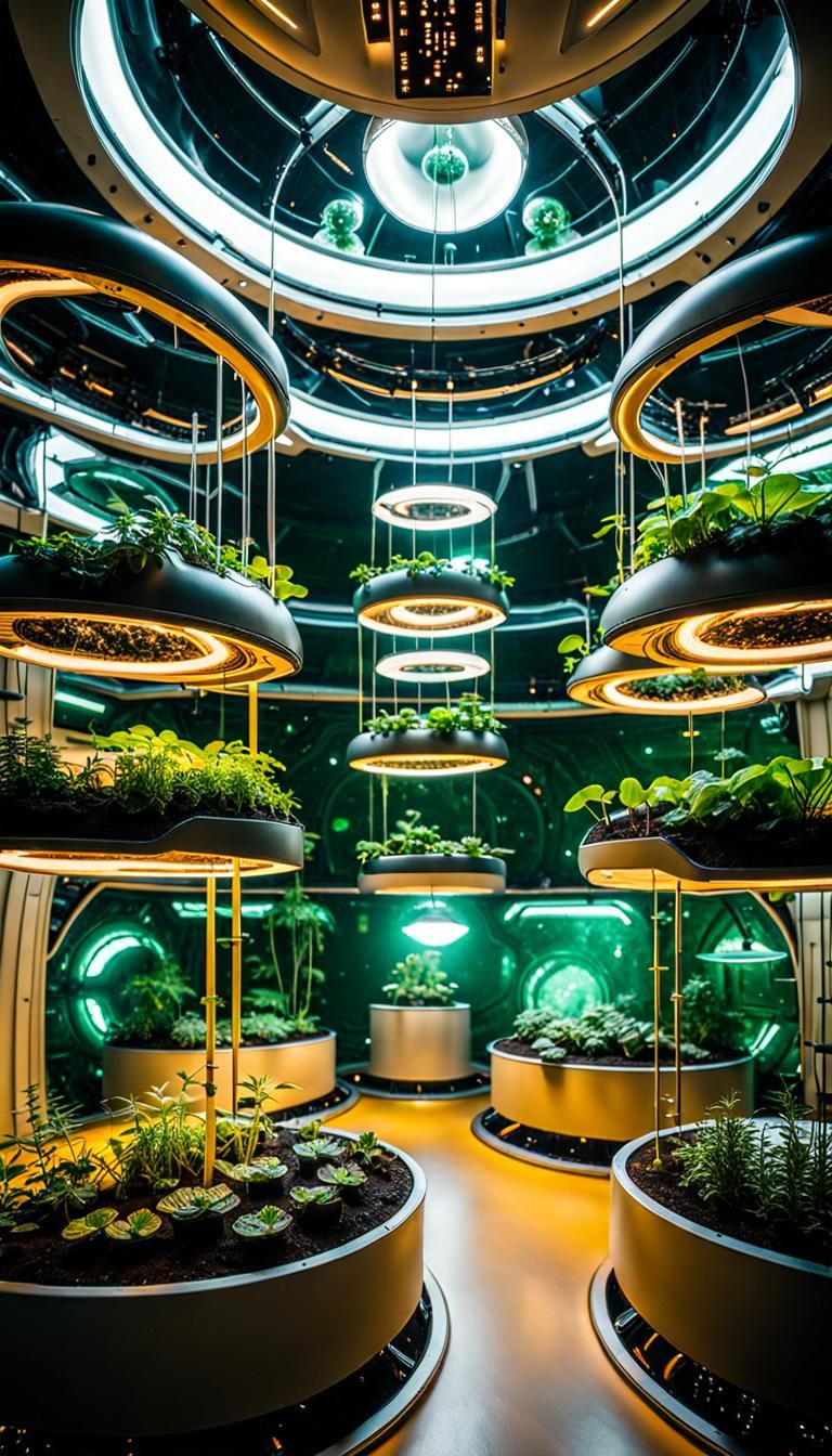Weightless Engineers in Sci-Fi Hydroponics Garden