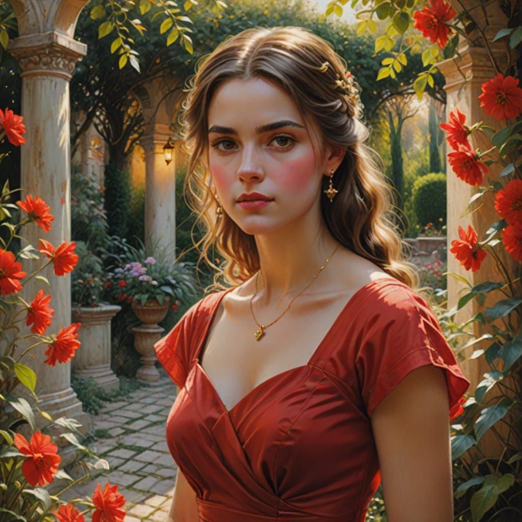 Girl in Red Dress in Ancient Garden Oil Painting