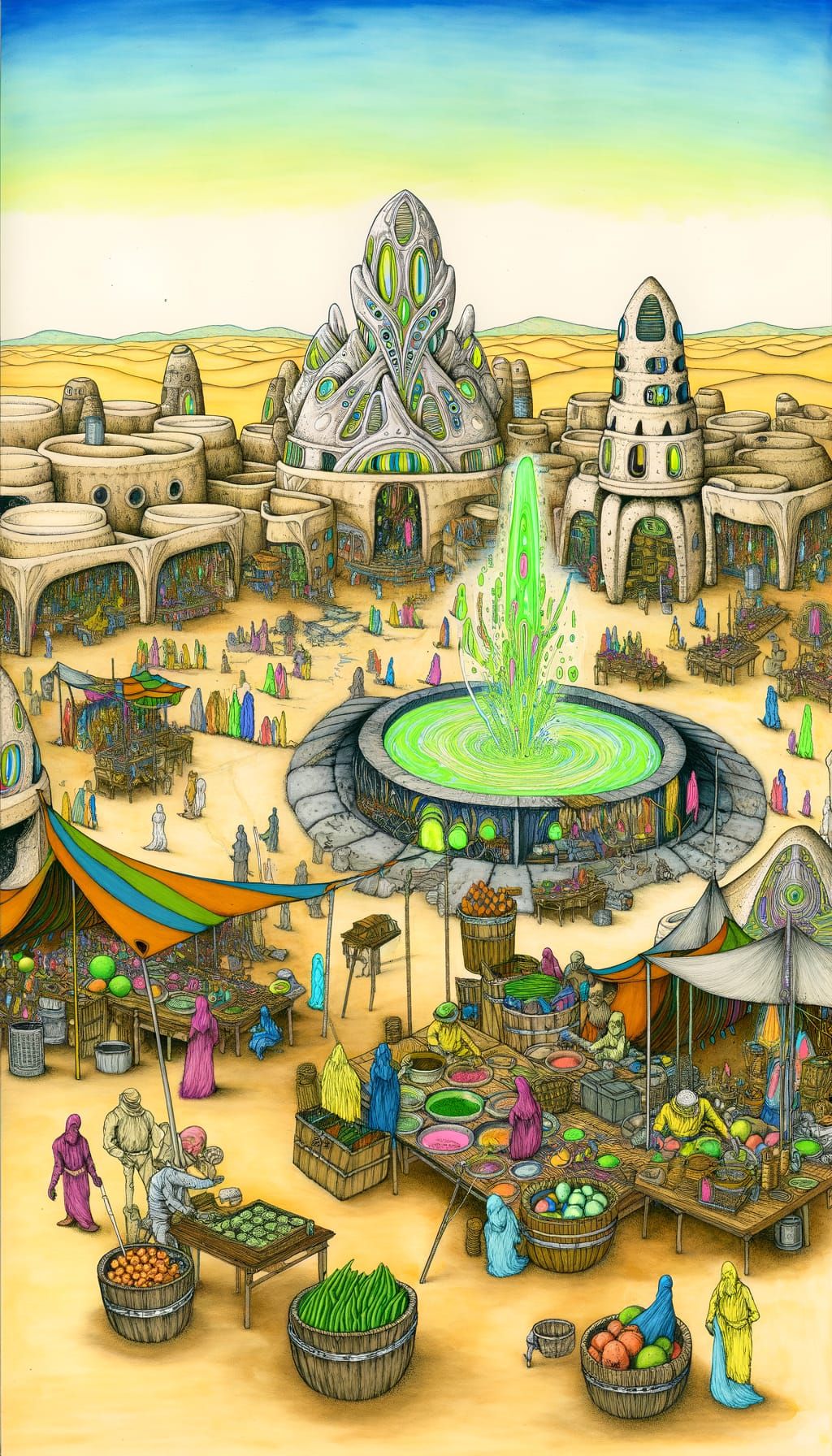 Futuristic Desert Marketplace with Neon Fountain
