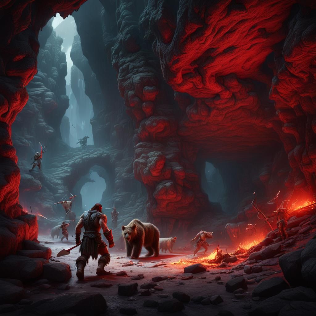 Red-Skinned Barbarian Sneaks Past Cave Bears