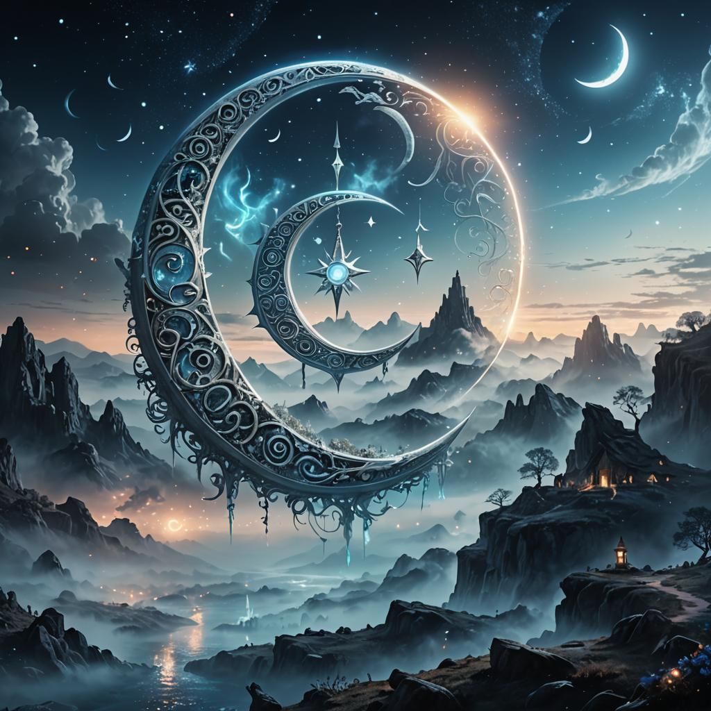 Mystical Crescent Moon with Ethereal Mist