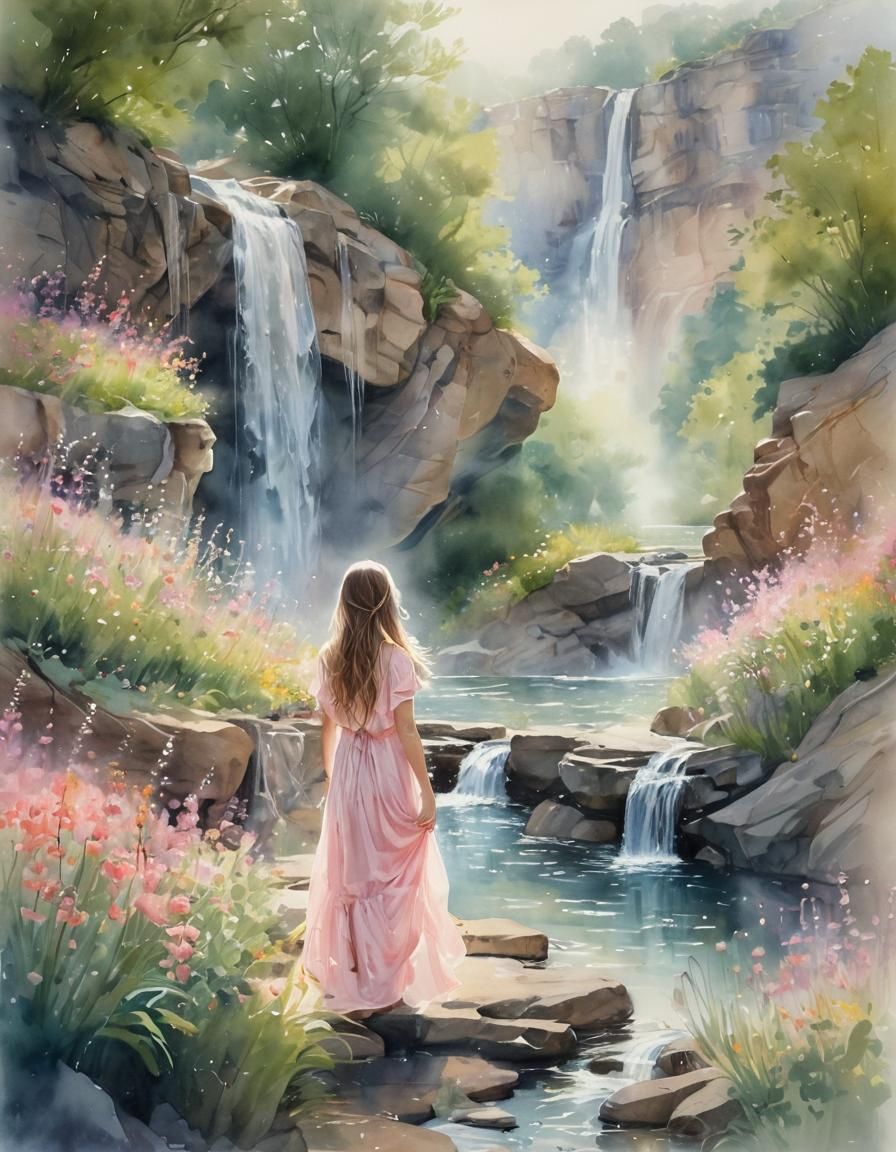 Girl Gazing at Waterfall in Whimsical Watercolor