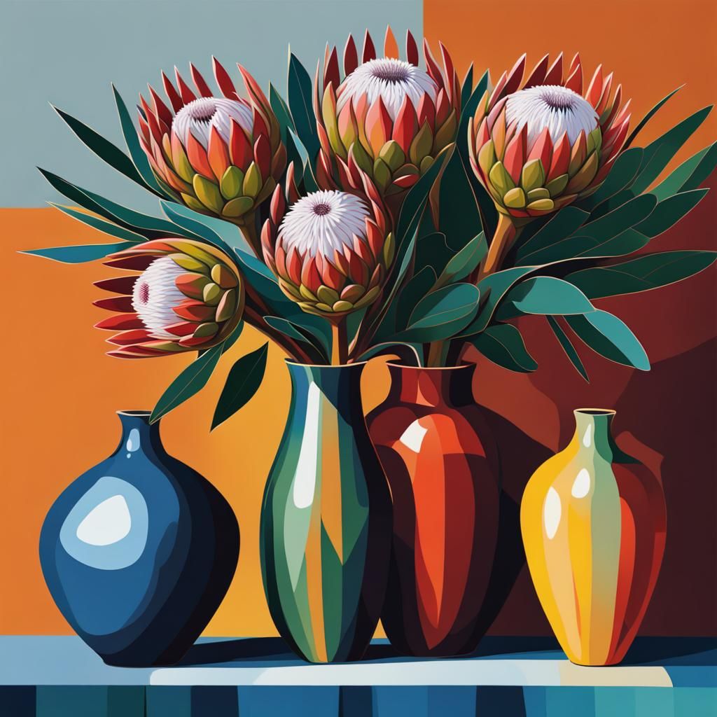 Protea Flower Vase Still Life in Abstract Style