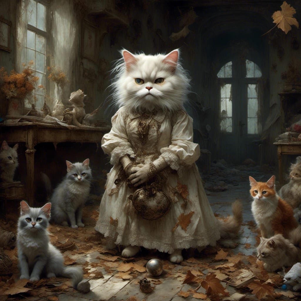 19th century mother cat and kittens.