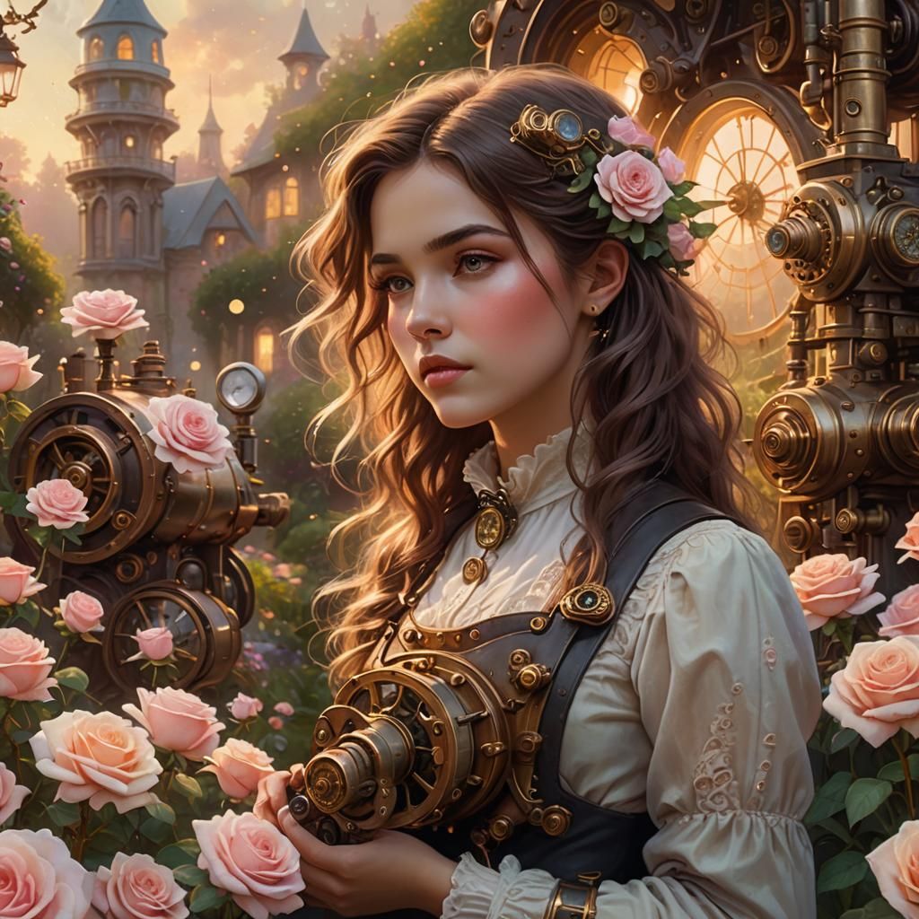 Girl in Rose Garden with Steampunk Engine