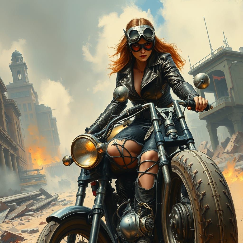 Female Warrior Rides Through Ruined City, Fantasy Art