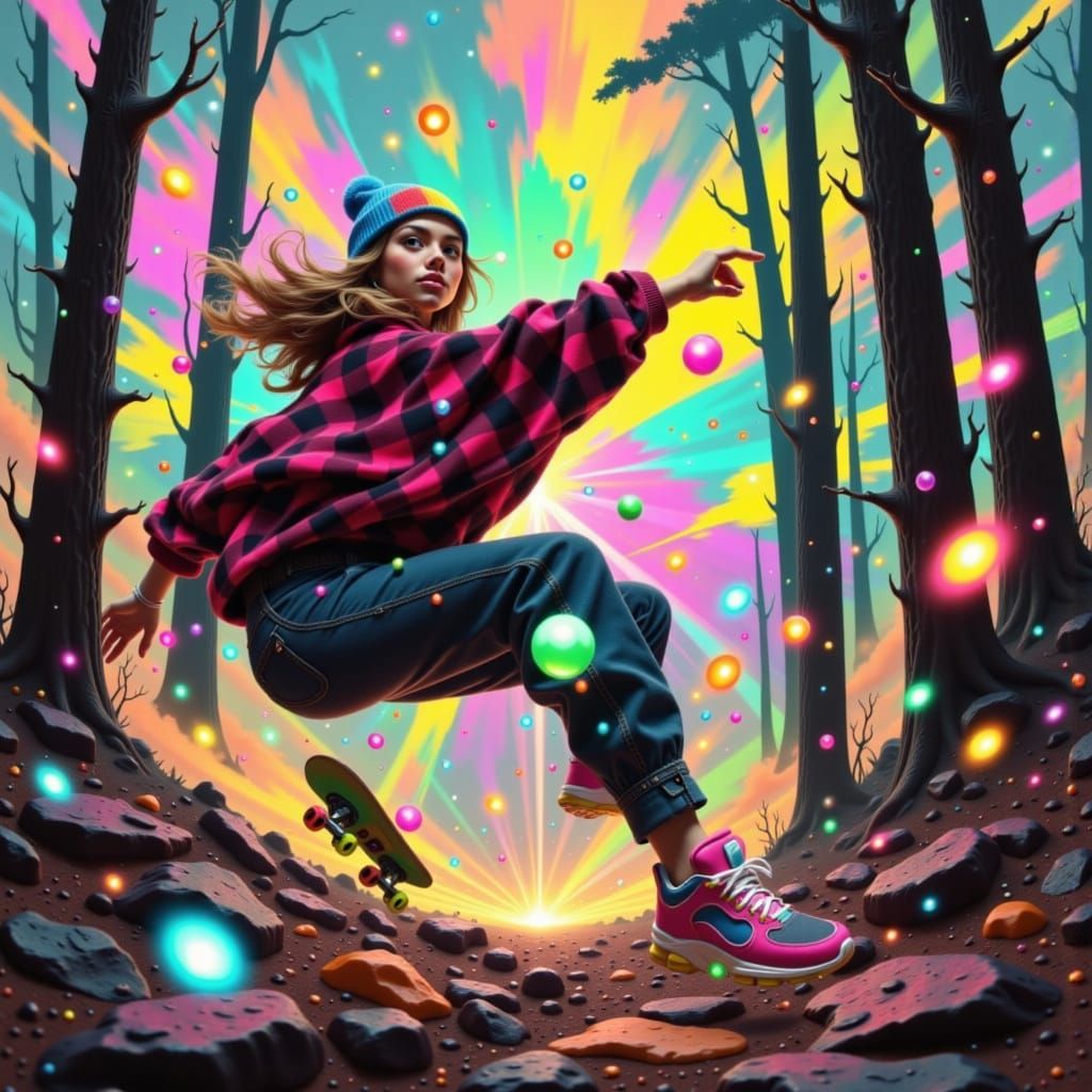 Skater Girl in Neon Checkered Dreamscape