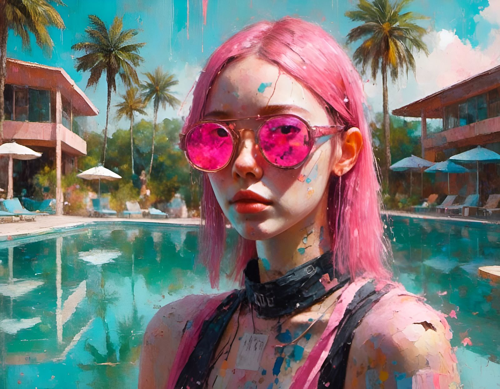 Cyberpunk Girl with Pink Sunglasses by Pool