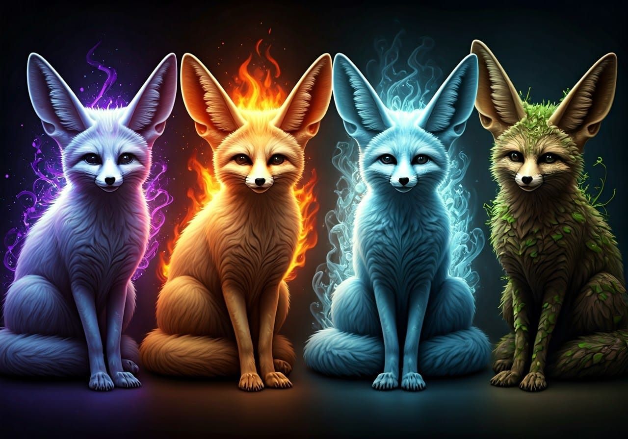 Mythical Fennec Foxes of Magic, Fire, Ice, and Earth