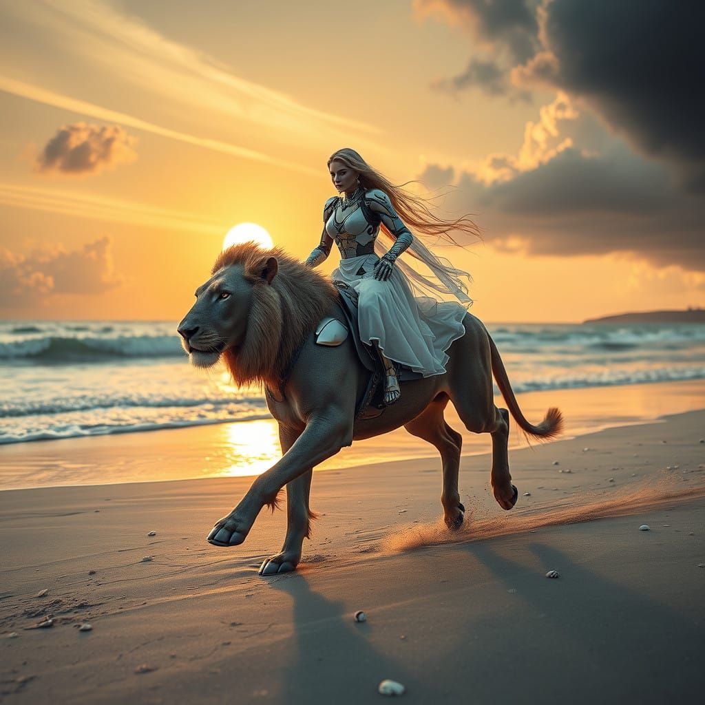 Metallic Goddess Rides Majestic Lion Along Ocean Shore at Su...