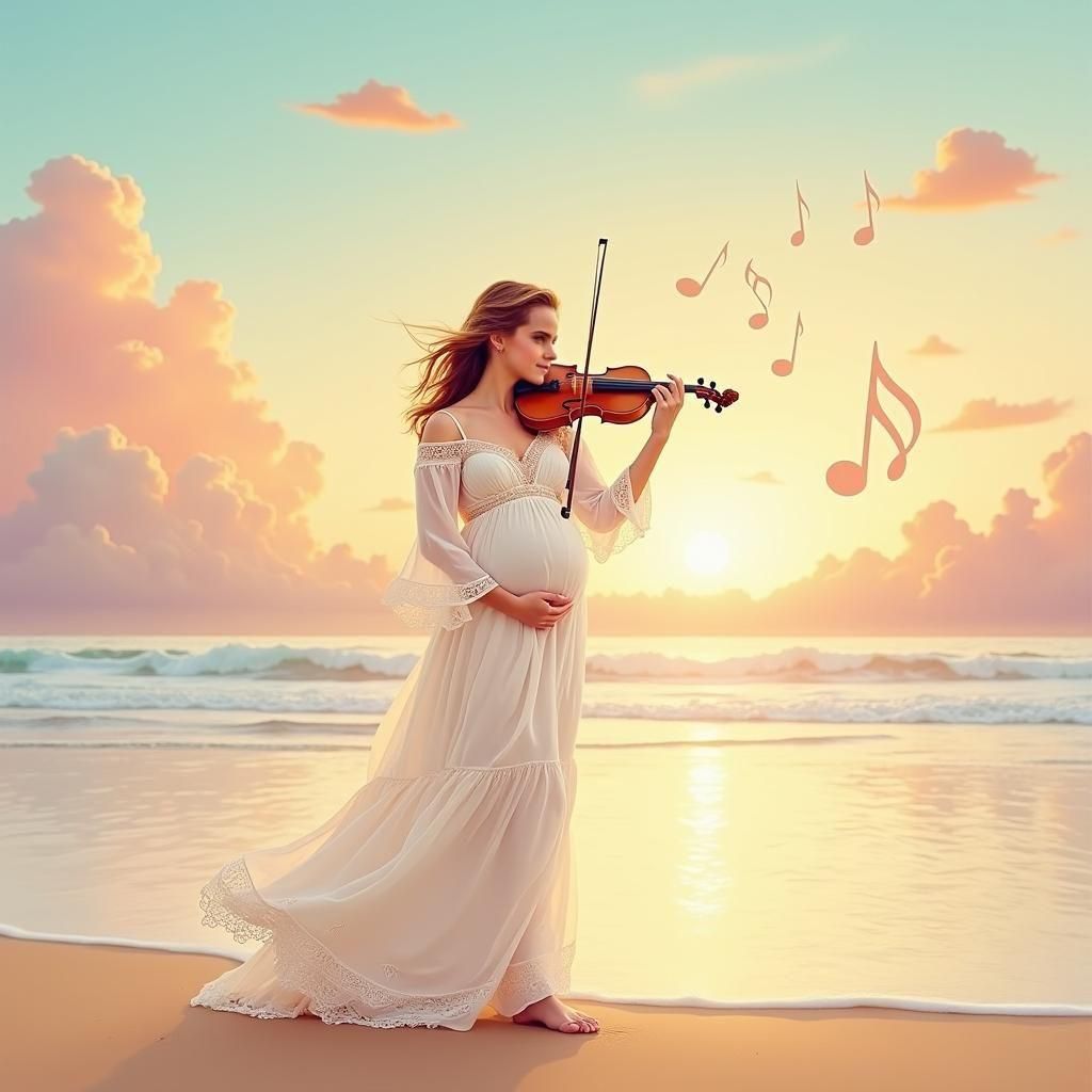 Pregnant Woman Plays Violin at Sunset