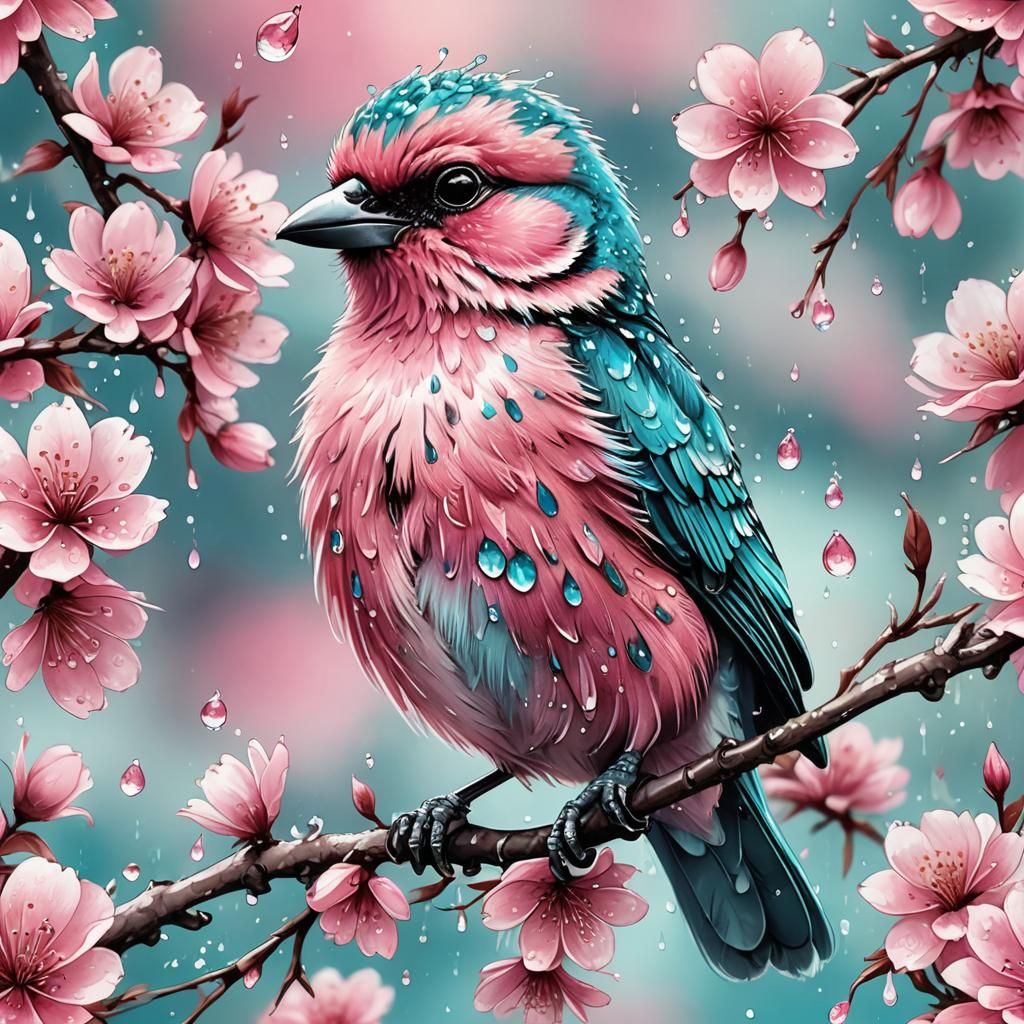 Cute Bird with Waterdrops, Digital Illustration