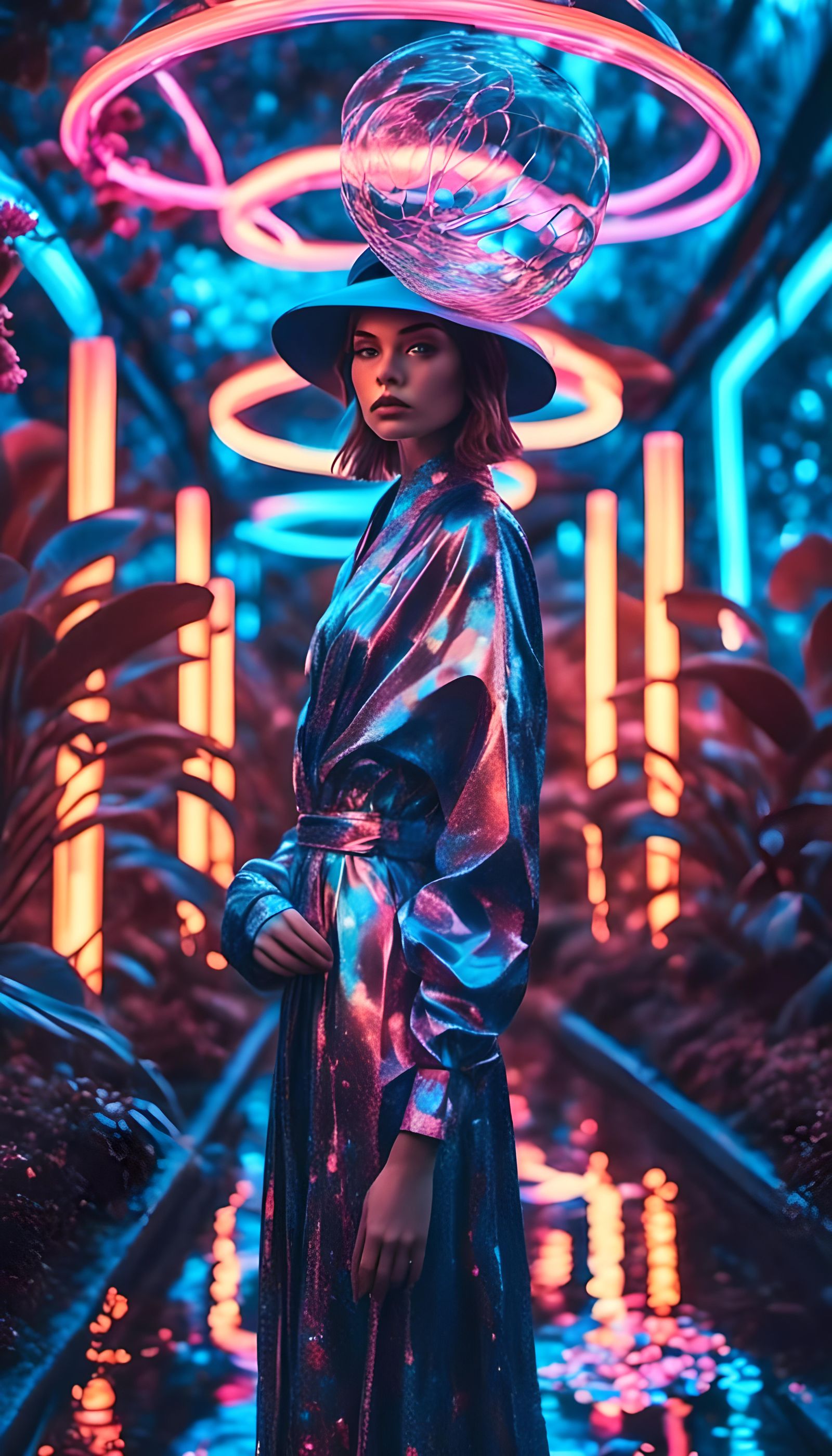 Cyberpunk Woman in Iridescent Garden Portrait