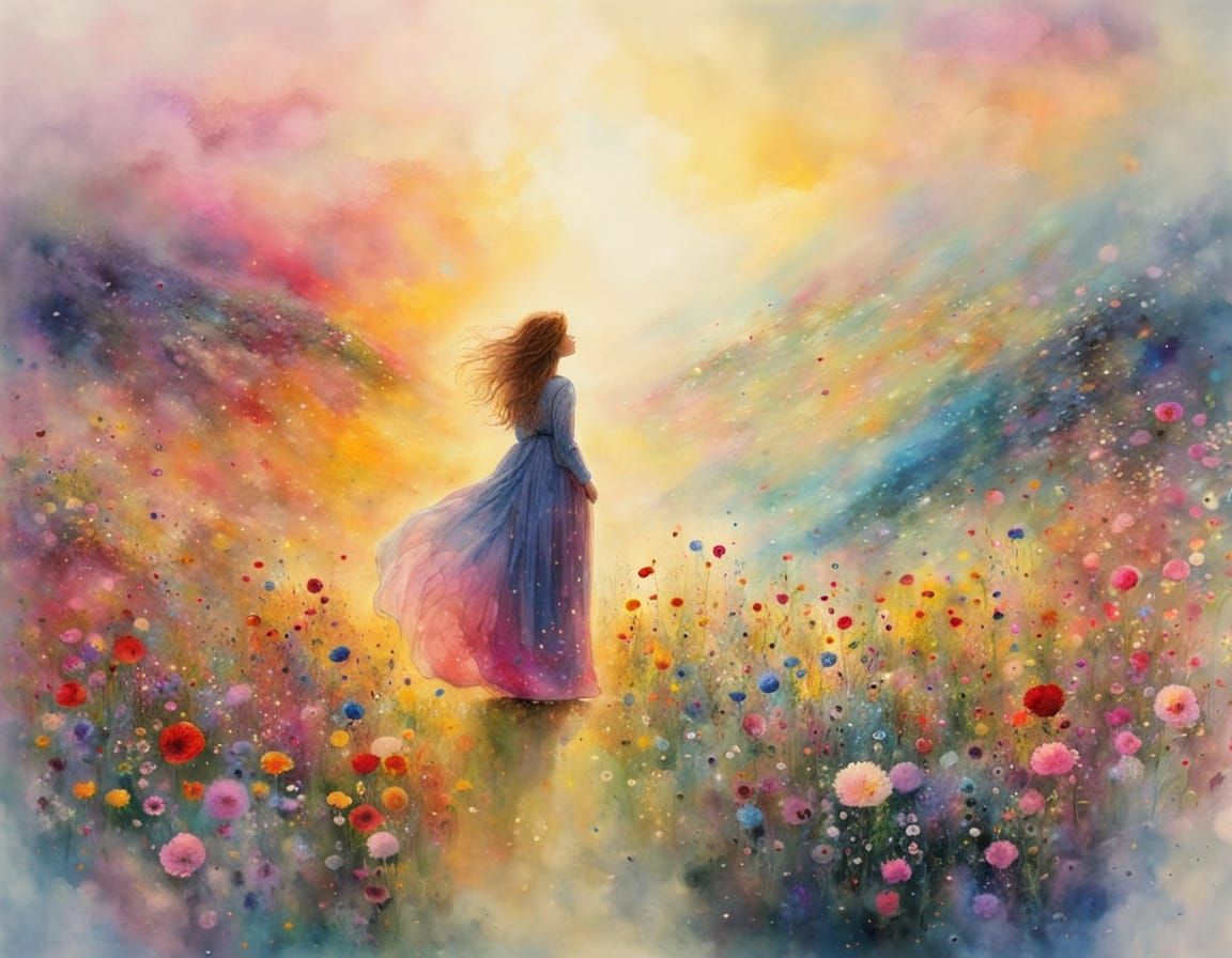 Ethereal Woman in Morning Light, Inspired by Klimt and Turne...