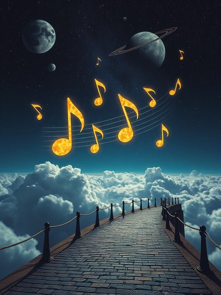 Luminous Musical Notes Skyscape in Surrealist Style