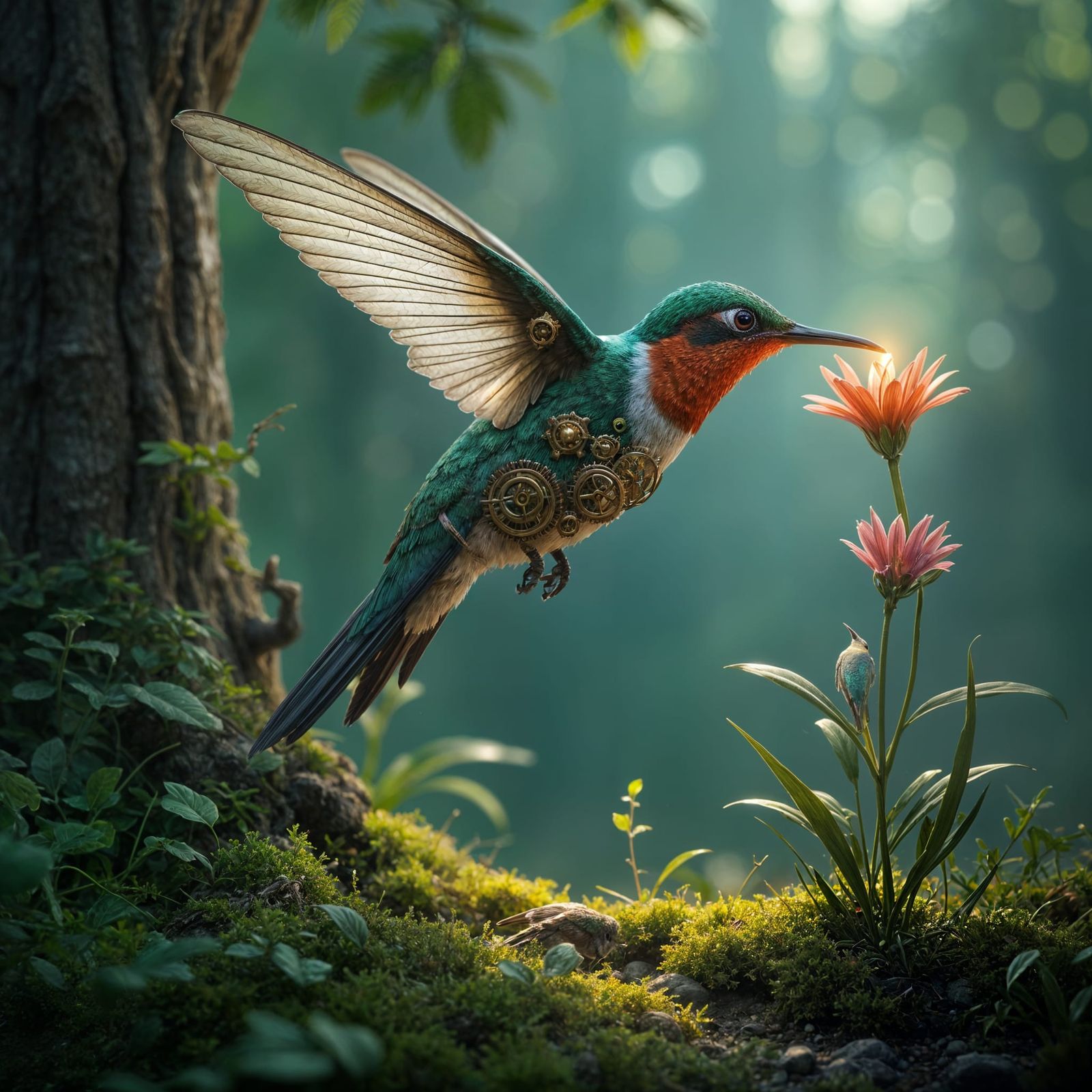 Steampunk Hummingbird Sips Nectar in Bioluminescent Grove